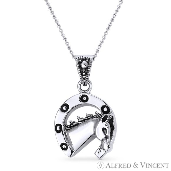 Horse & Horseshoe Animal Luck Charm in .925 Sterling Silver Pendant - Picture 1 of 1